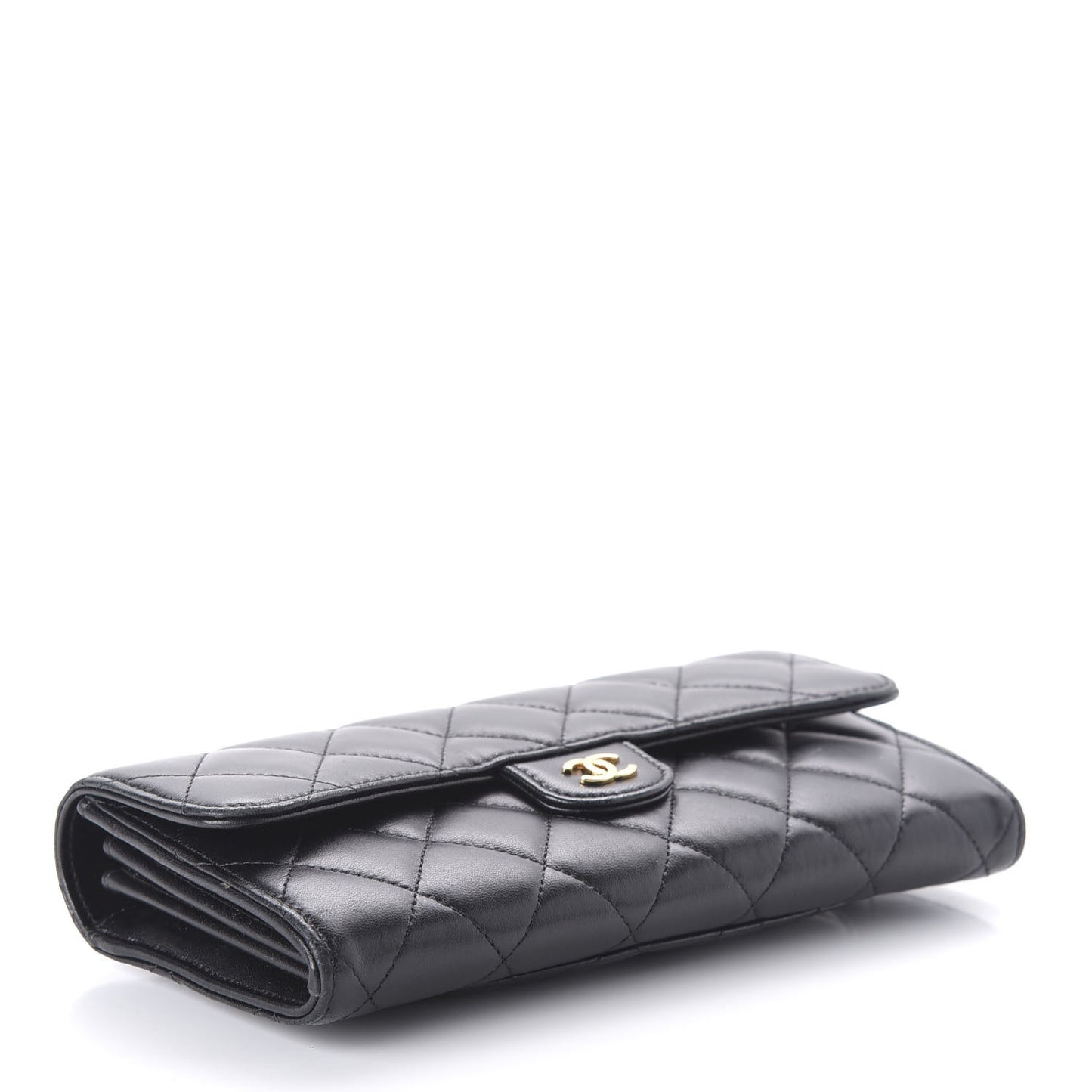 Lambskin Quilted Large Gusset Flap Wallet Black