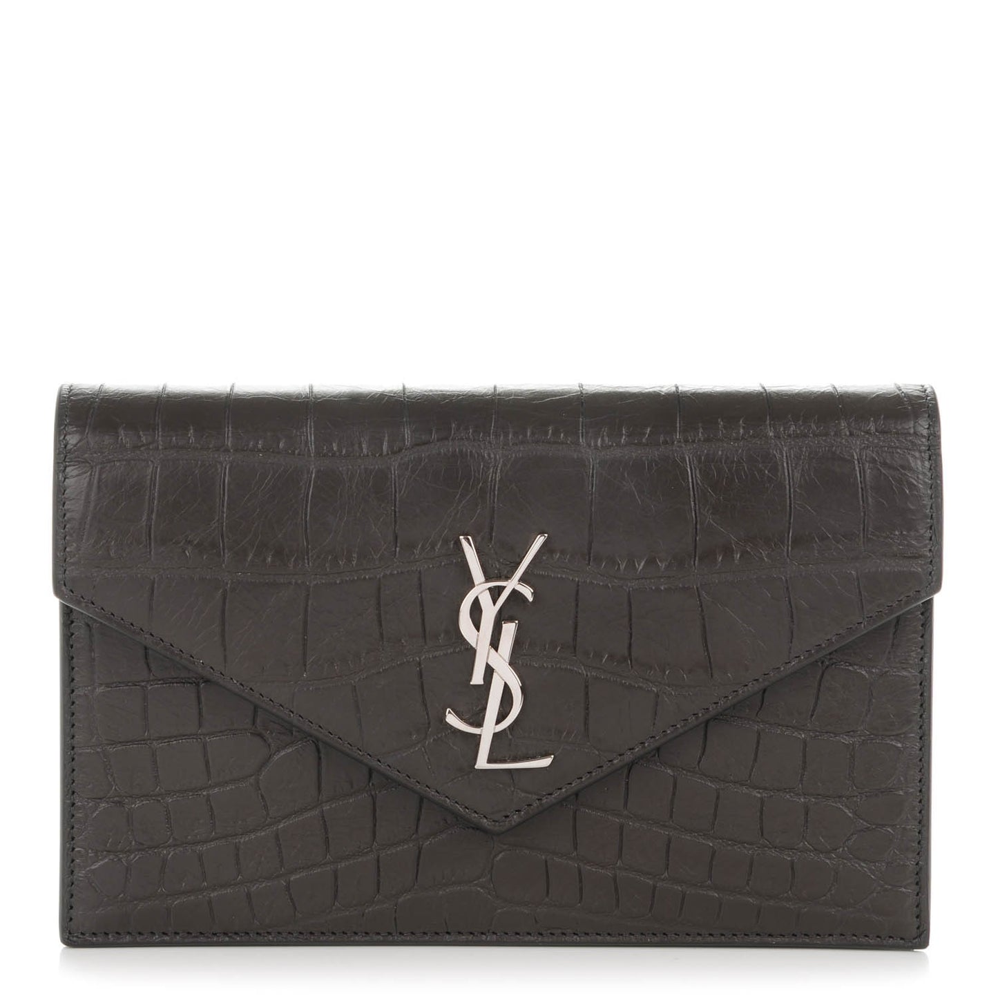 Calfskin Crocodile Embossed Monogram Chain Wallet Dark Anthracite