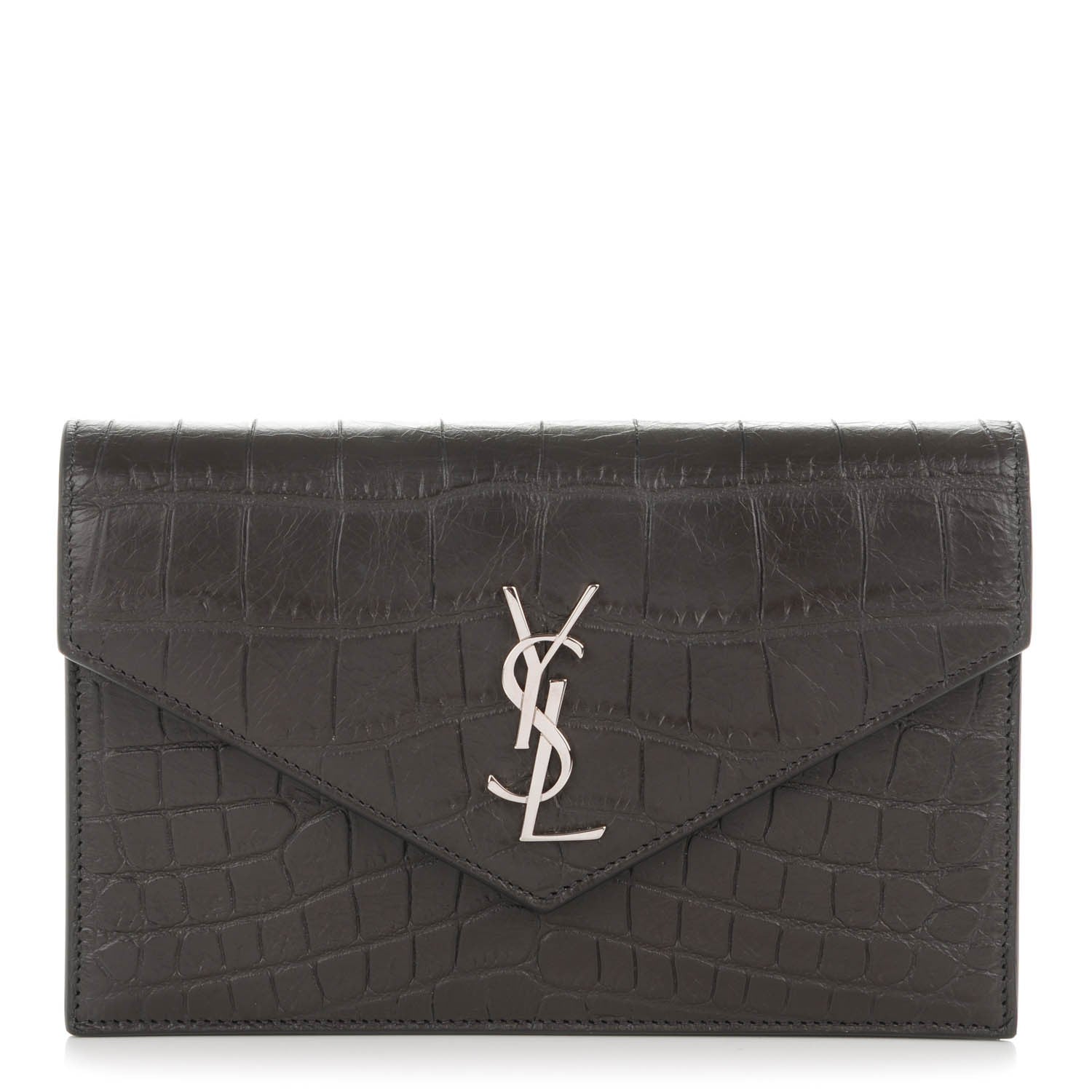 Saint Laurent Calfskin Crocodile Embossed Monogram Chain Wallet Dark Anthracite 1 of 8