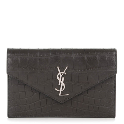 Saint Laurent Calfskin Crocodile Embossed Monogram Chain Wallet Dark Anthracite 1 of 8