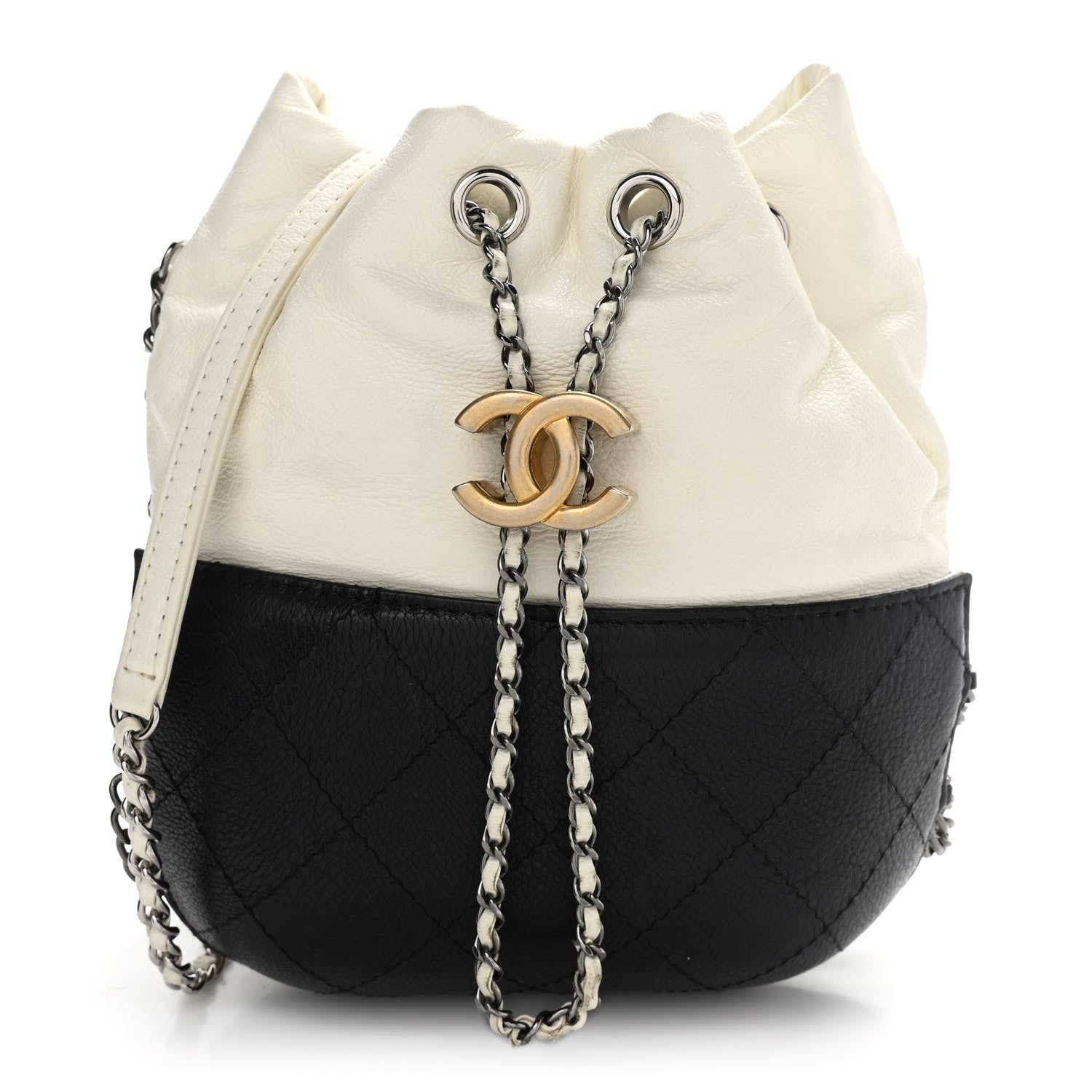 Chanel Aged Calfskin Quilted Small Gabrielle Bucket White Black 1 of 9