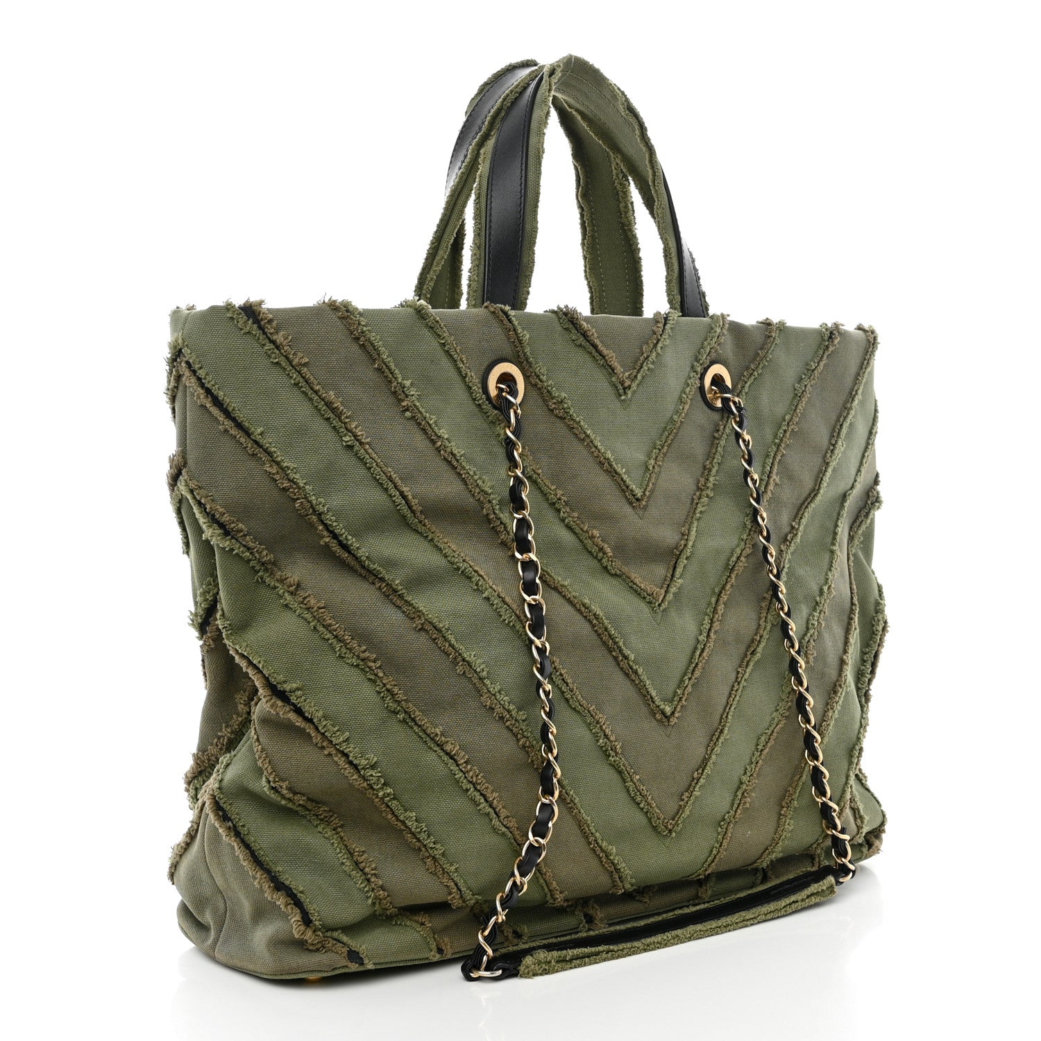 Chanel Canvas Chevron Cuba Patchwork Shopper Tote Khaki 3 of 11