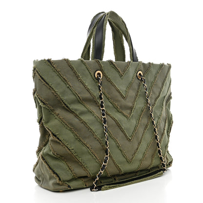 Chanel Canvas Chevron Cuba Patchwork Shopper Tote Khaki 3 of 11