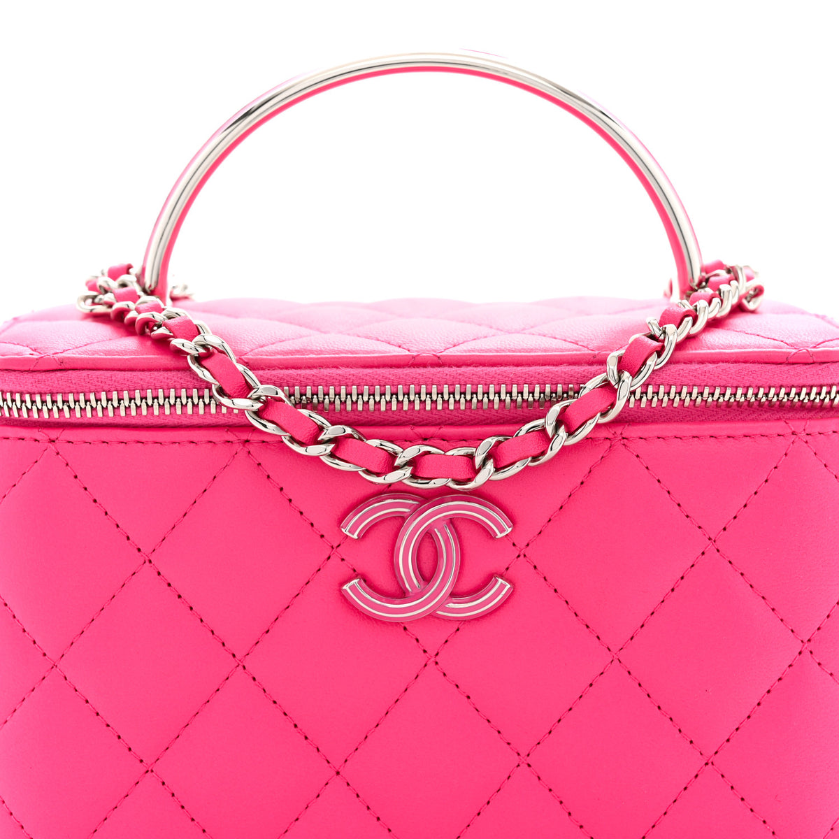 Lambskin Quilted Metal Enamel Small Top Handle Vanity Case With Chain Pink