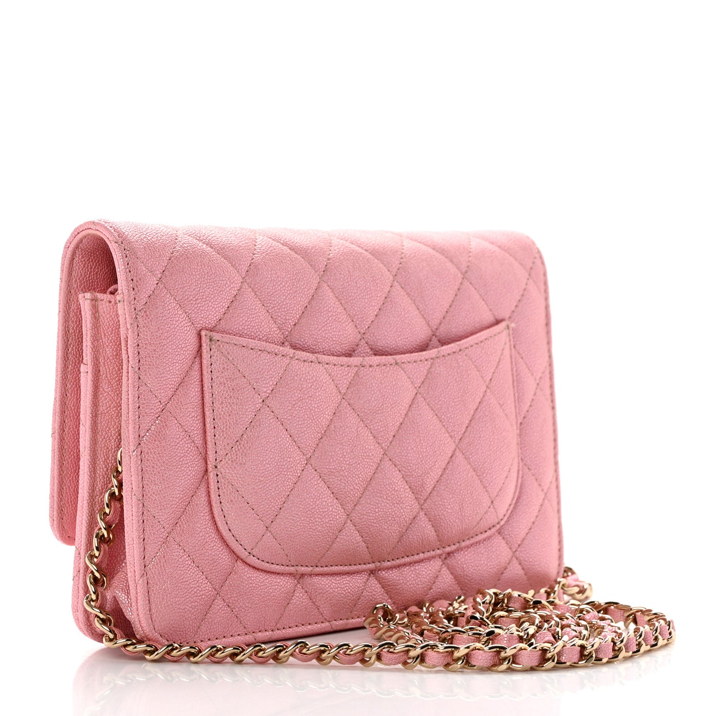 Iridescent Caviar Quilted Wallet on Chain WOC Rose Pink
