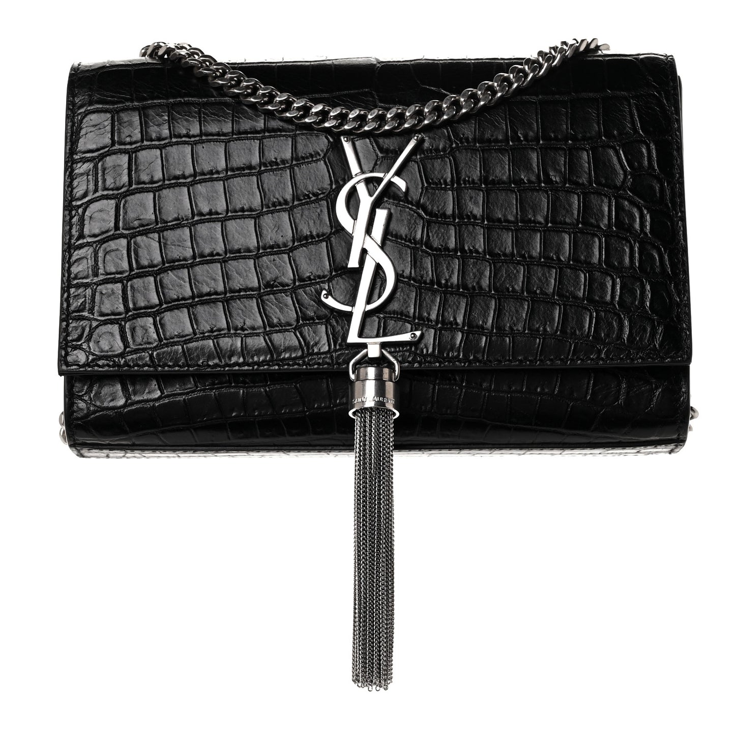 Calfskin Crocodile Embossed Small Classic Monogram Kate Tassel Satchel Black