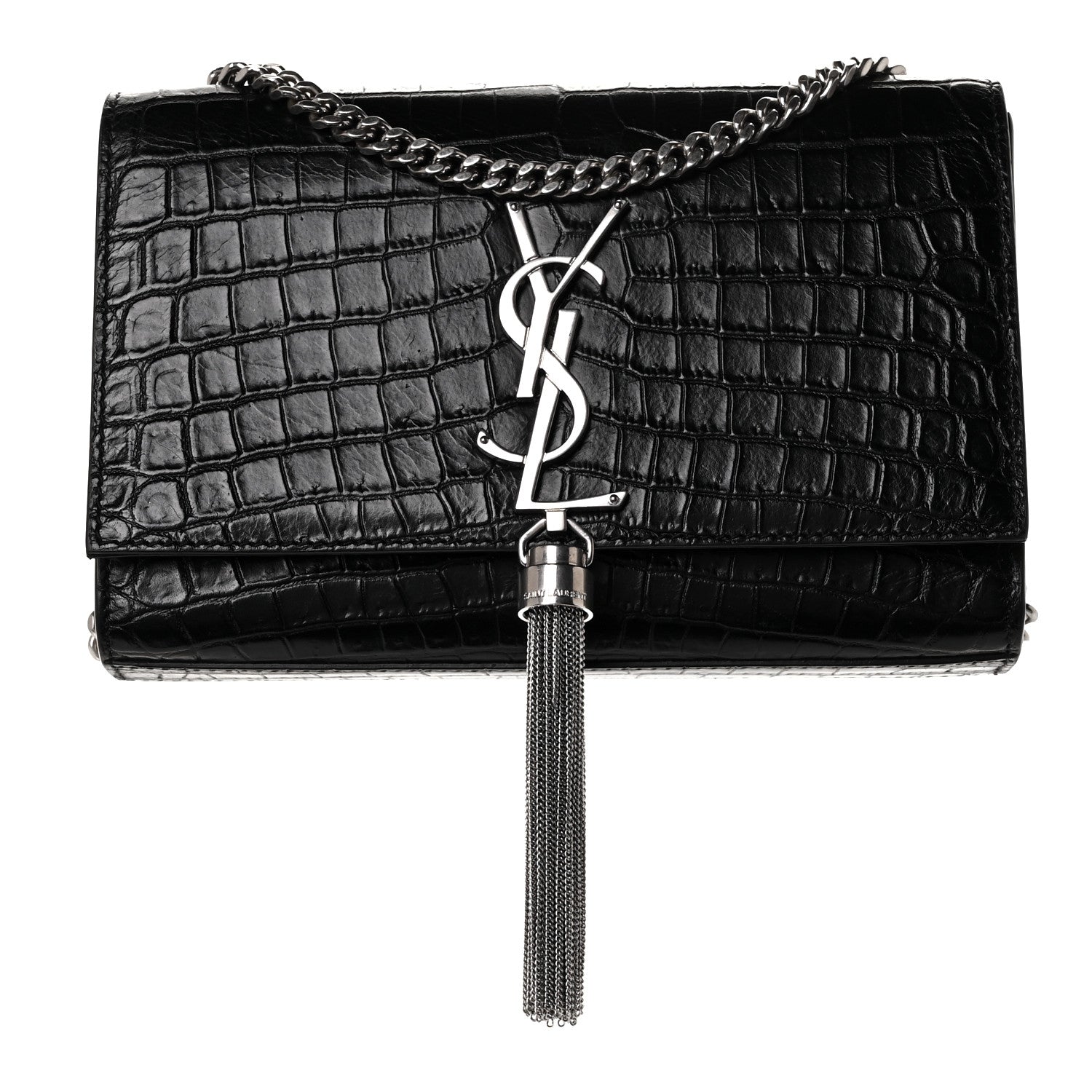Saint Laurent Calfskin Crocodile Embossed Small Classic Monogram Kate Tassel Satchel Black 1 of 8