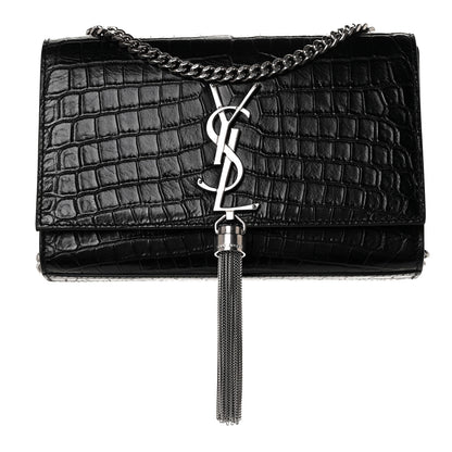 Saint Laurent Calfskin Crocodile Embossed Small Classic Monogram Kate Tassel Satchel Black 1 of 8
