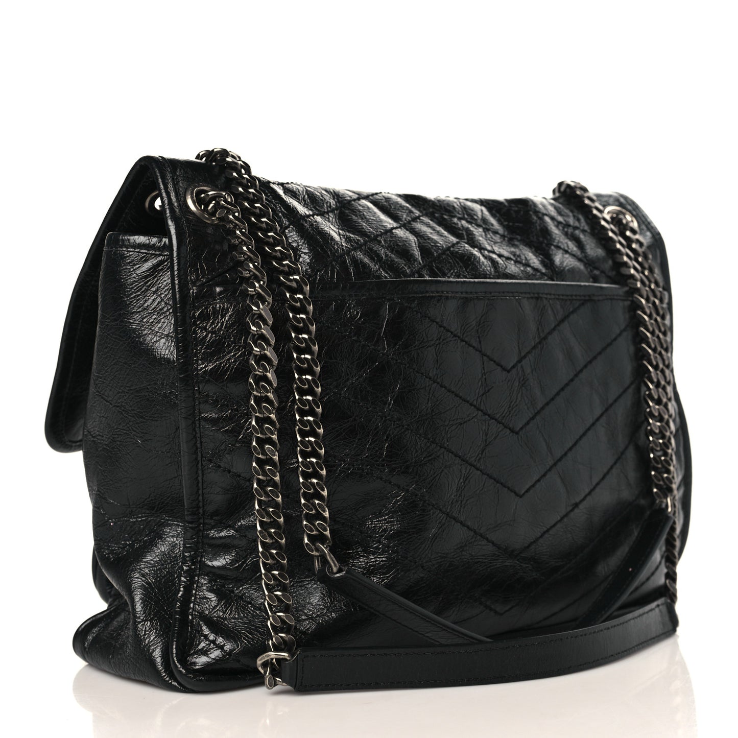 Crinkled Calfskin Matelasse Monogram Large Niki Chain Satchel Black