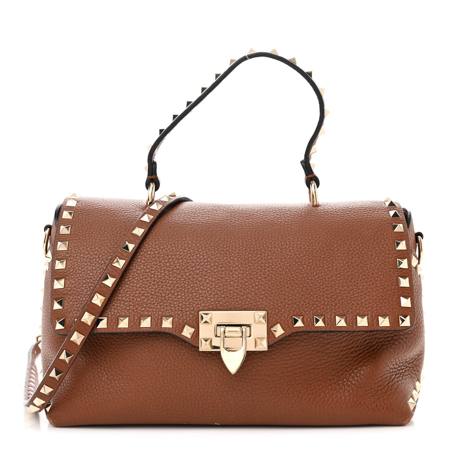 Pebbled Calfskin Medium Rockstud Top Handle Shoulder Bag Cognac