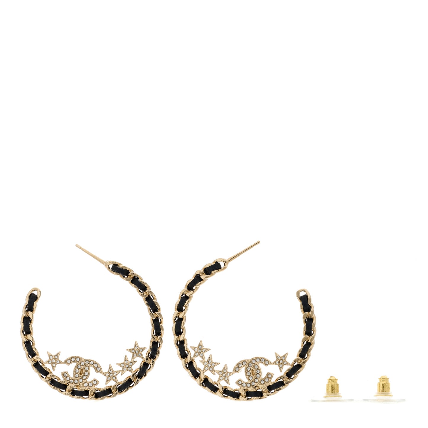 Lambskin Chain Crystal CC Star Chain Hoop Earrings Gold Black