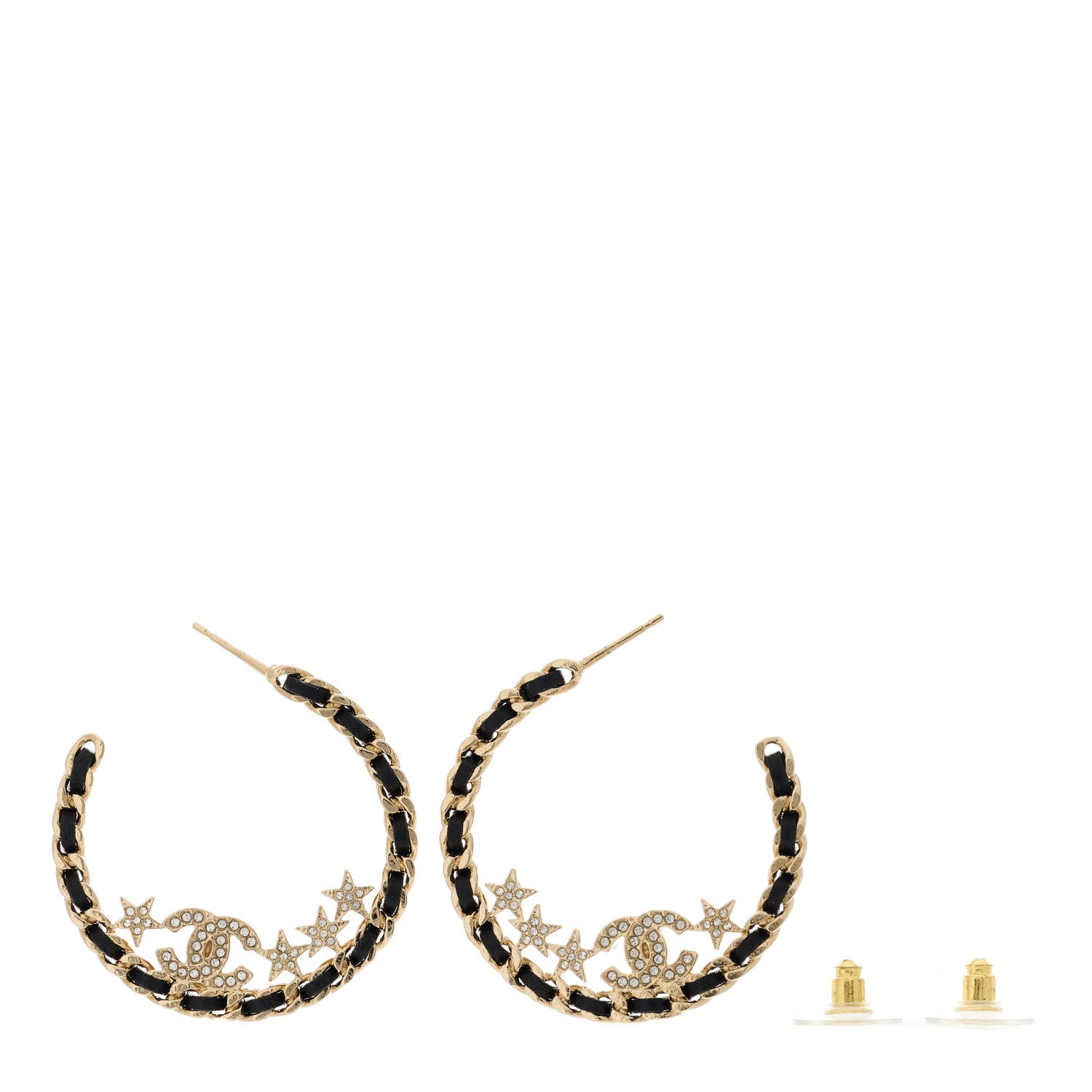 Chanel Lambskin Chain Crystal CC Star Chain Hoop Earrings Gold Black 3 of 5