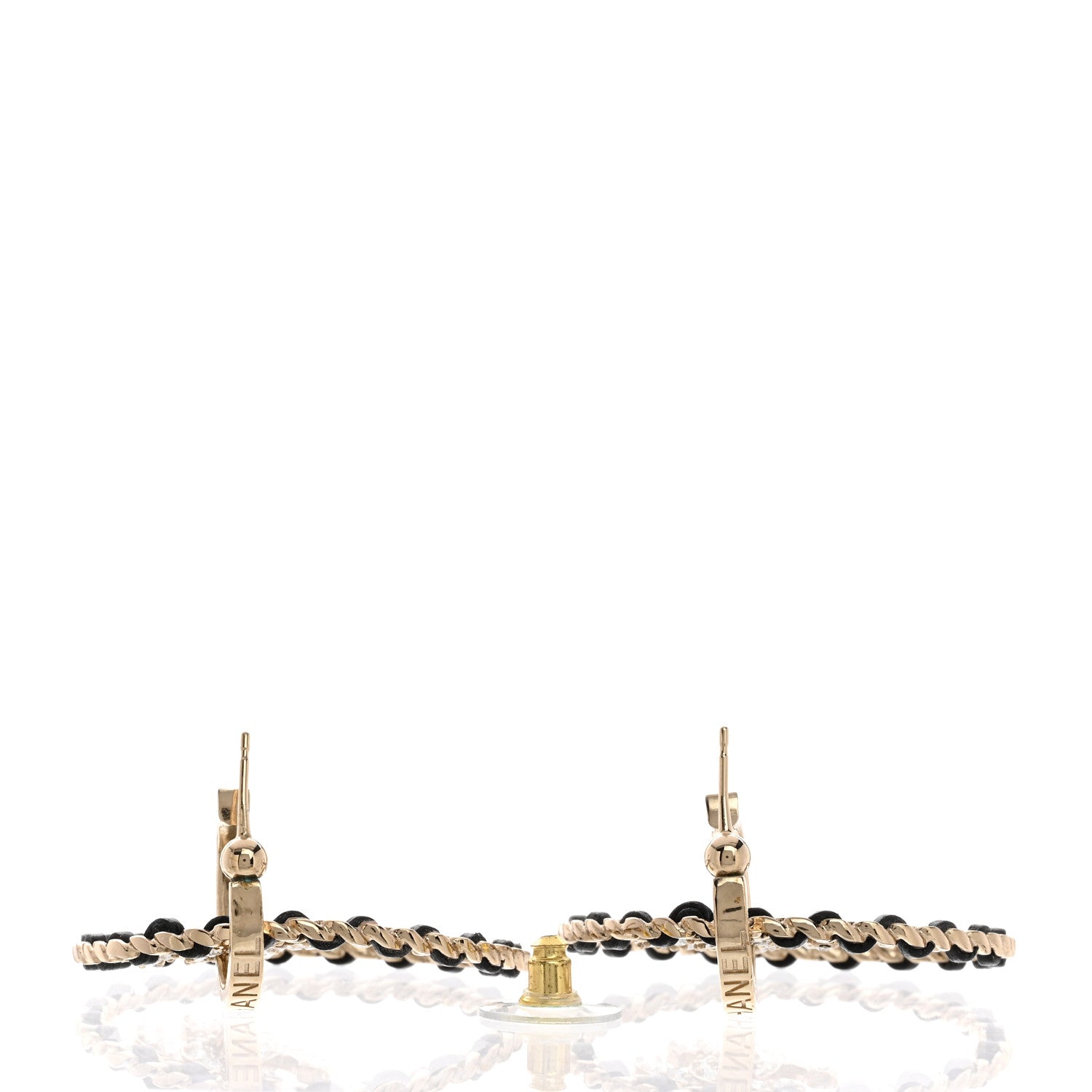 Chanel Metal Crystal Lambskin CC Chain Hoop Earrings Gold Black 3 of 4
