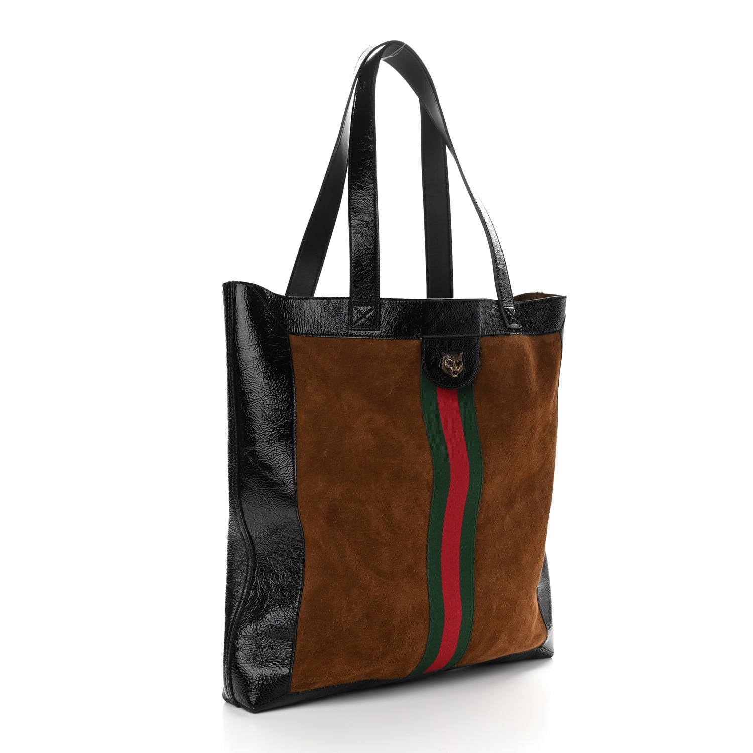Gucci Suede Patent Web Large Ophidia Vertical Shopping Tote Nocciola Black 3 of 10