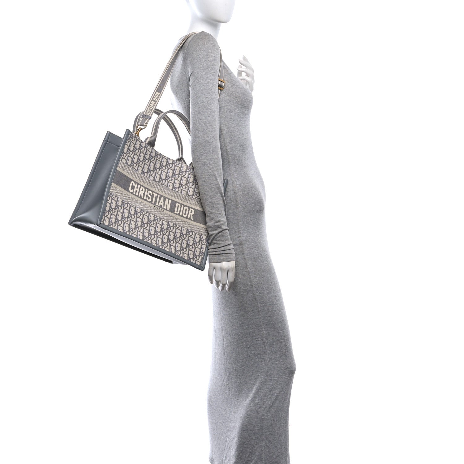 Christian Dior Oblique Chambray Calfskin Medium Book Tote With Strap Grey Latte 2 of 12