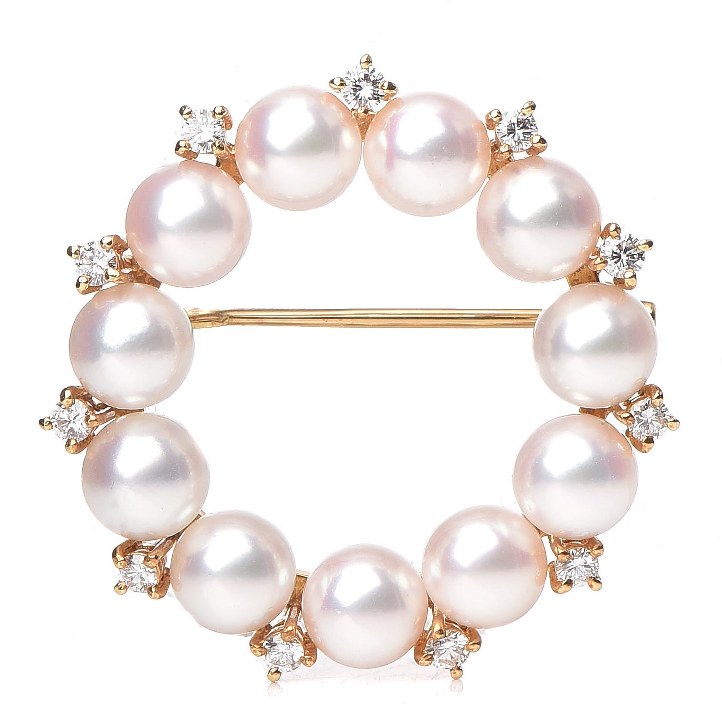 18K Yellow Gold Diamond Akoya Pearl Circle Brooch
