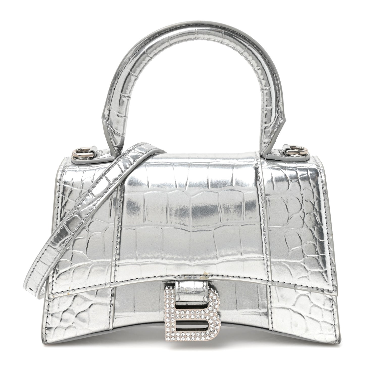 Metallic Calfskin Crocodile Embossed Crystal Hourglass Top Handle Bag XS Silver
