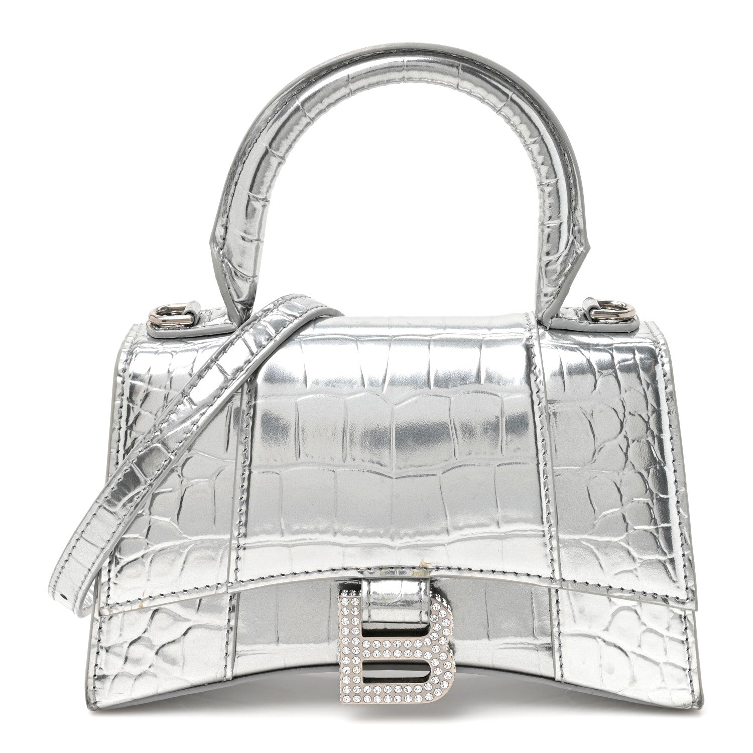 Balenciaga Metallic Calfskin Crocodile Embossed Crystal Hourglass Top Handle Bag XS Silver 1 of 15