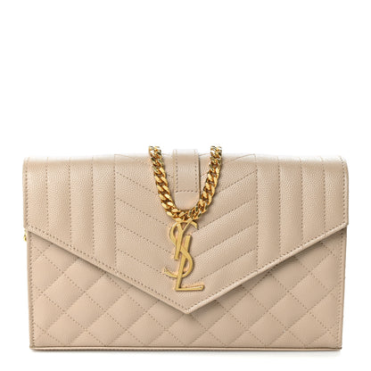 Saint Laurent Grain De Poudre Mixed Matelasse Triquilt Monogram Chain Wallet Dark Beige 1 of 9