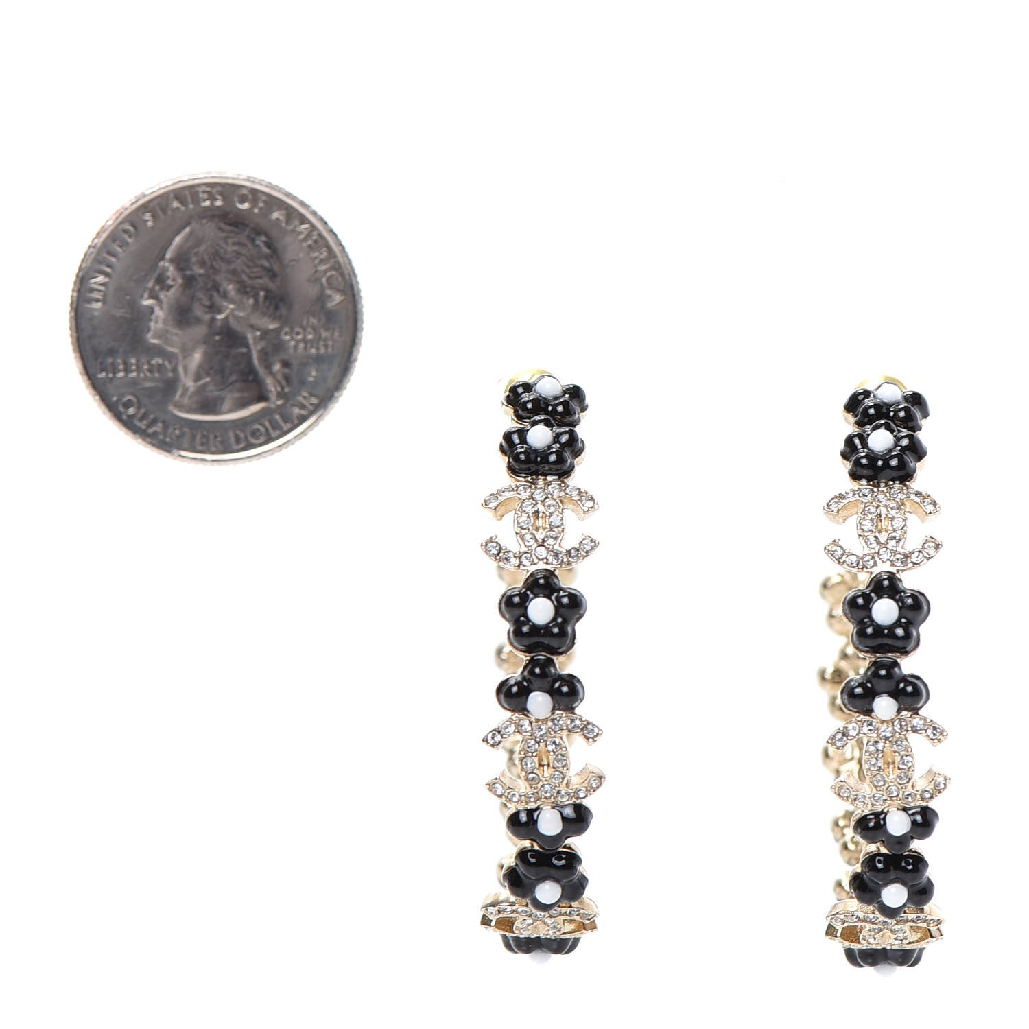 Chanel Metal Strass Crystal Flower CC Hoop Earrings Gold Black White 2 of 4