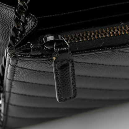 Saint Laurent Grain De Poudre Matelasse Chevron Monogram Monochrome Envelope Chain Wallet Black 14 of 20