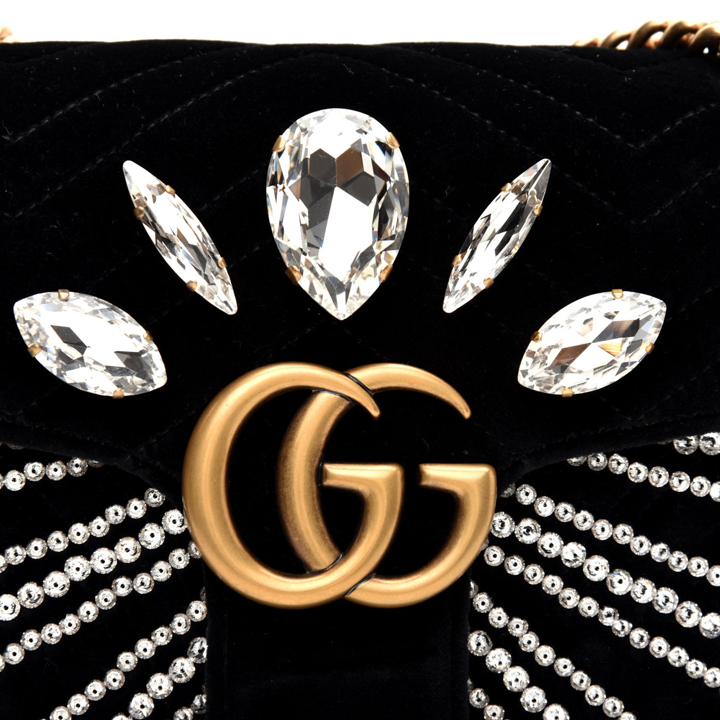 Velvet Matelasse Marquise Crystals Embroidered Small GG Marmont Shoulder Bag Black