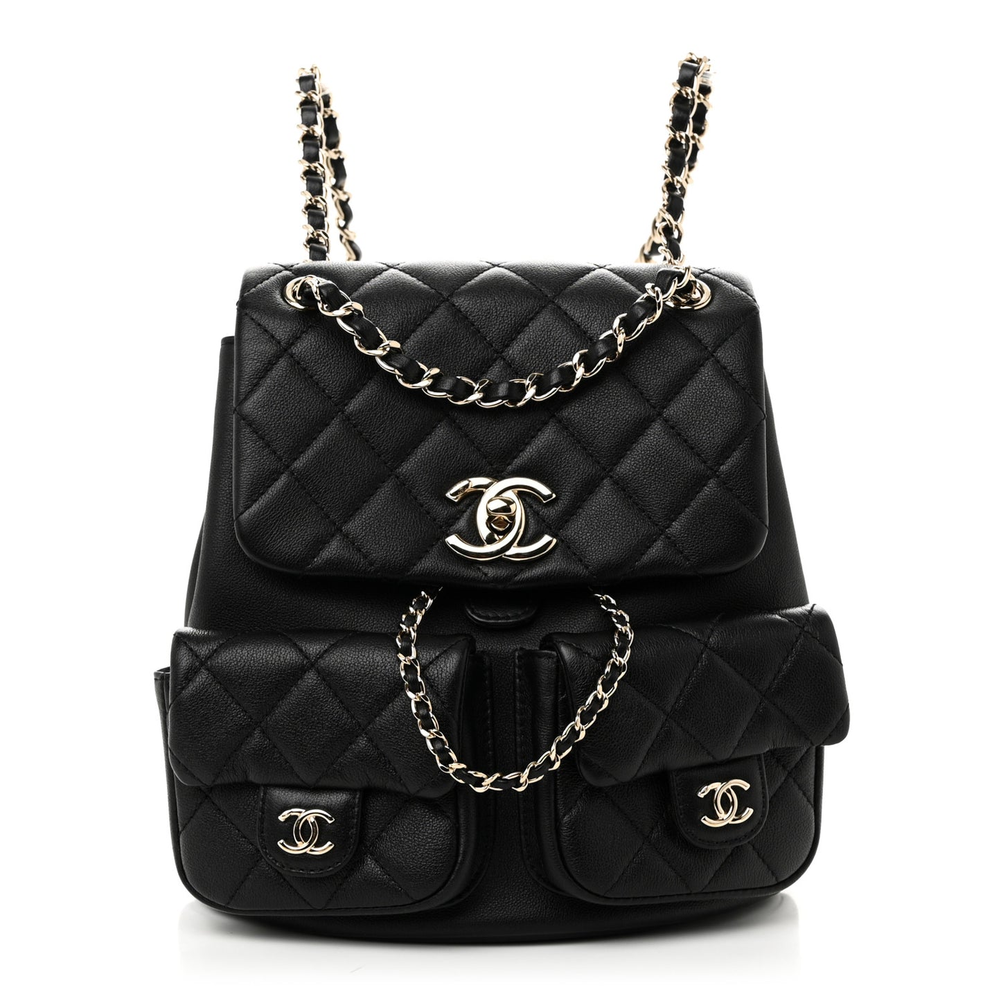 Calfskin Quilted Medium Duma Pockets Drawstring Backpack Black
