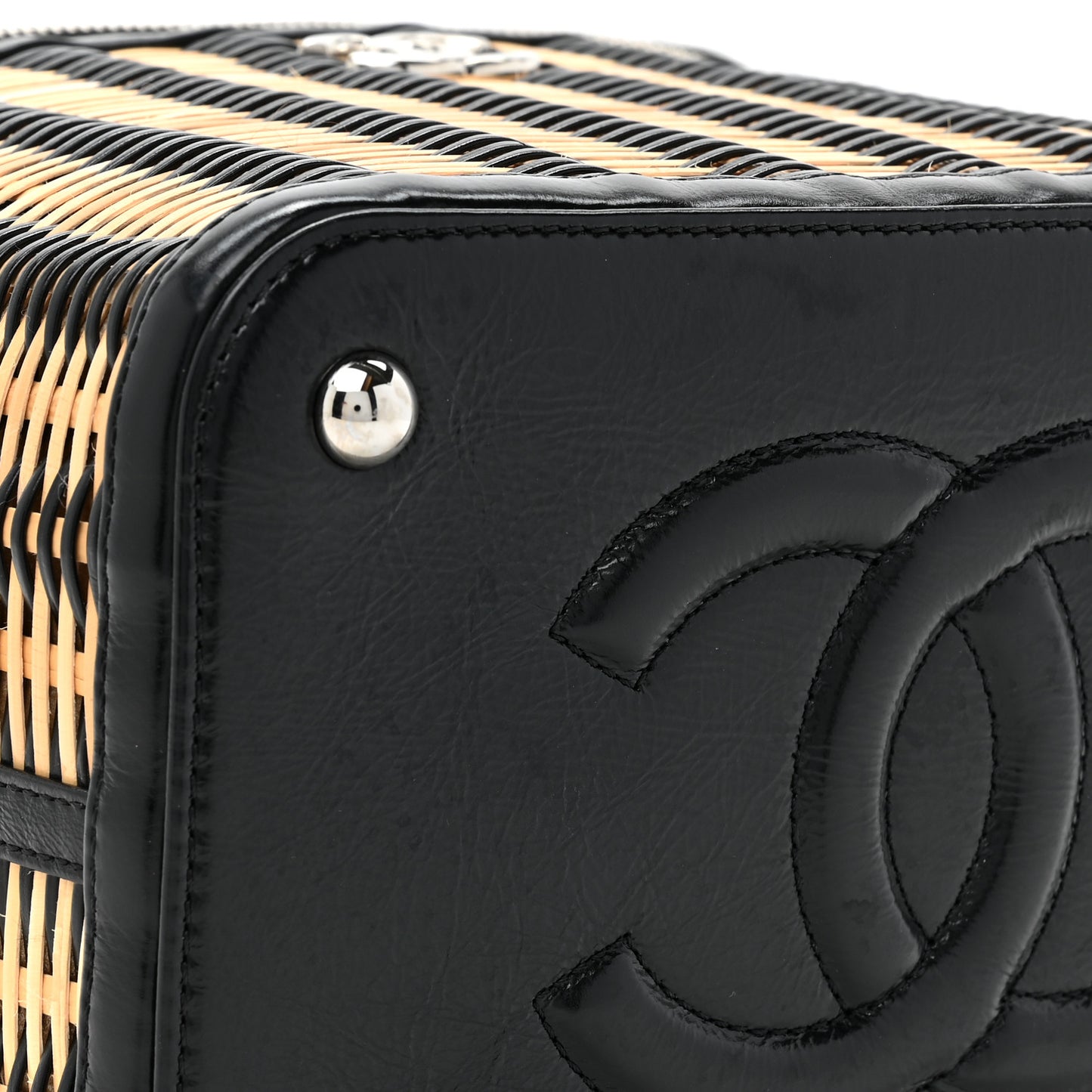 Glazed Calfskin Raffia Vanity Case Bag Black Beige