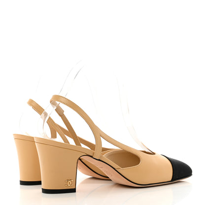 Chanel Lambskin Grosgrain Cap Toe CC Slingback Pumps 36.5 Beige Black 4 of 11