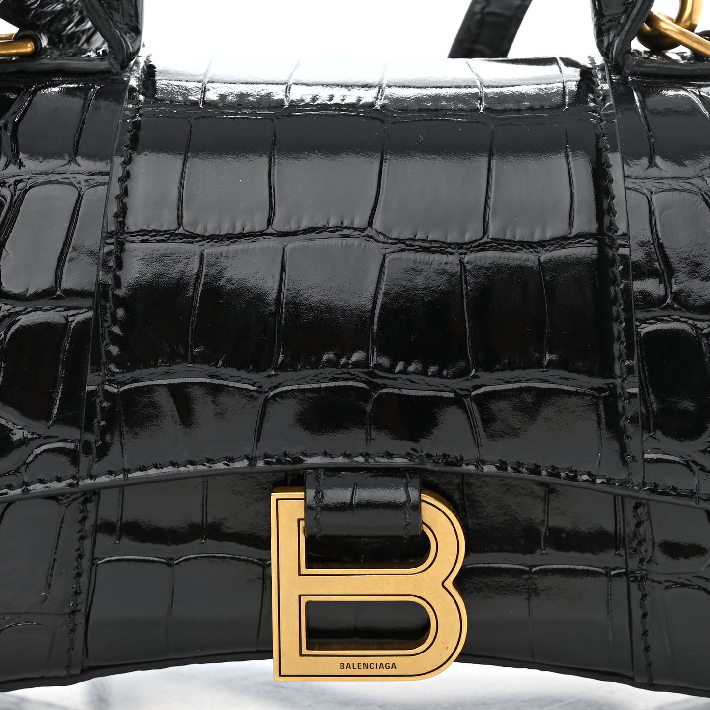 Shiny Calfskin Crocodile Embossed Hourglass Top Handle Bag XS Black