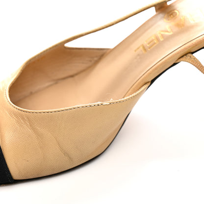 Chanel Goatskin Grosgrain Cap Toe CC Slingback Pumps 36 Beige Black 13 of 15