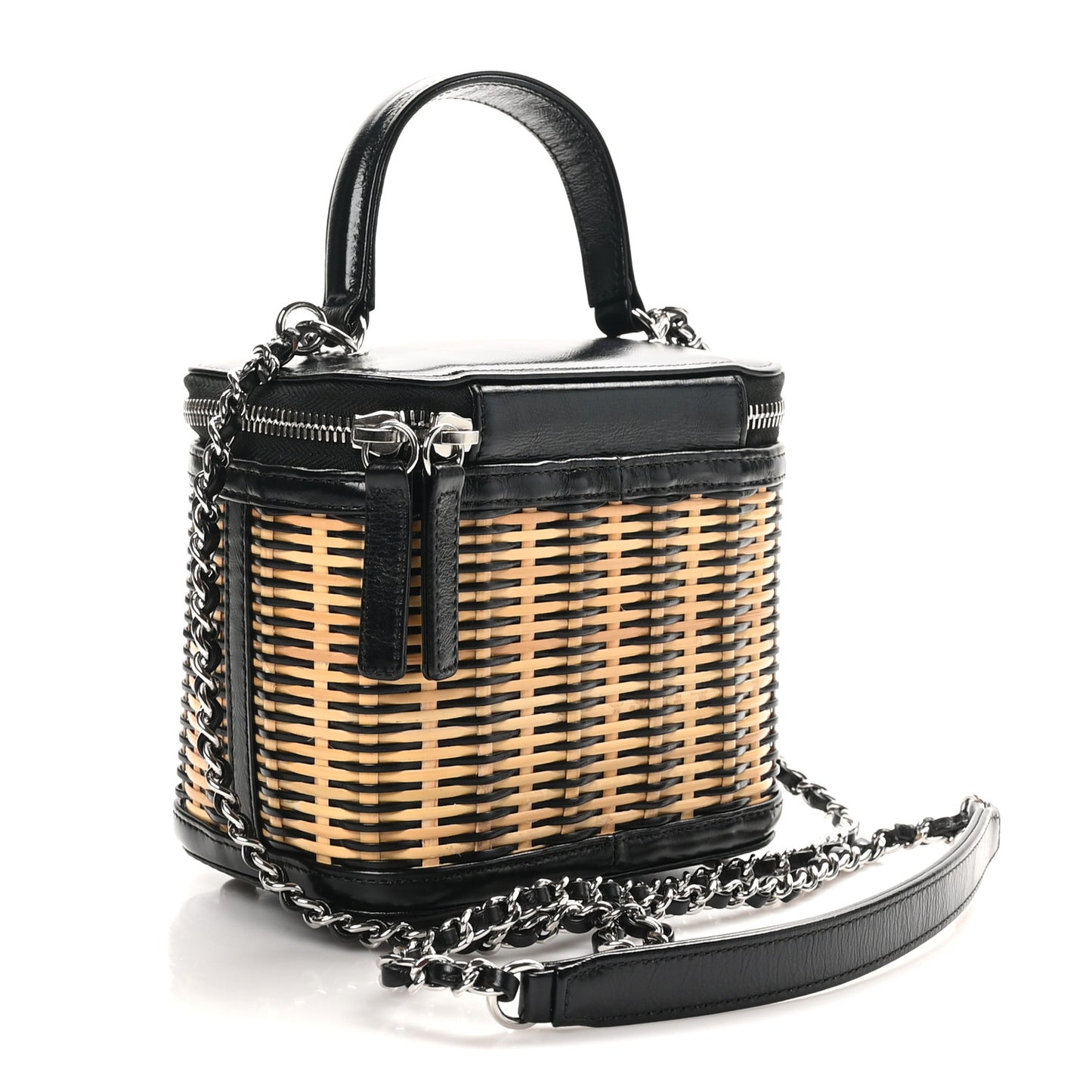 Calfskin Raffia Small Vanity Case Bag Black Beige