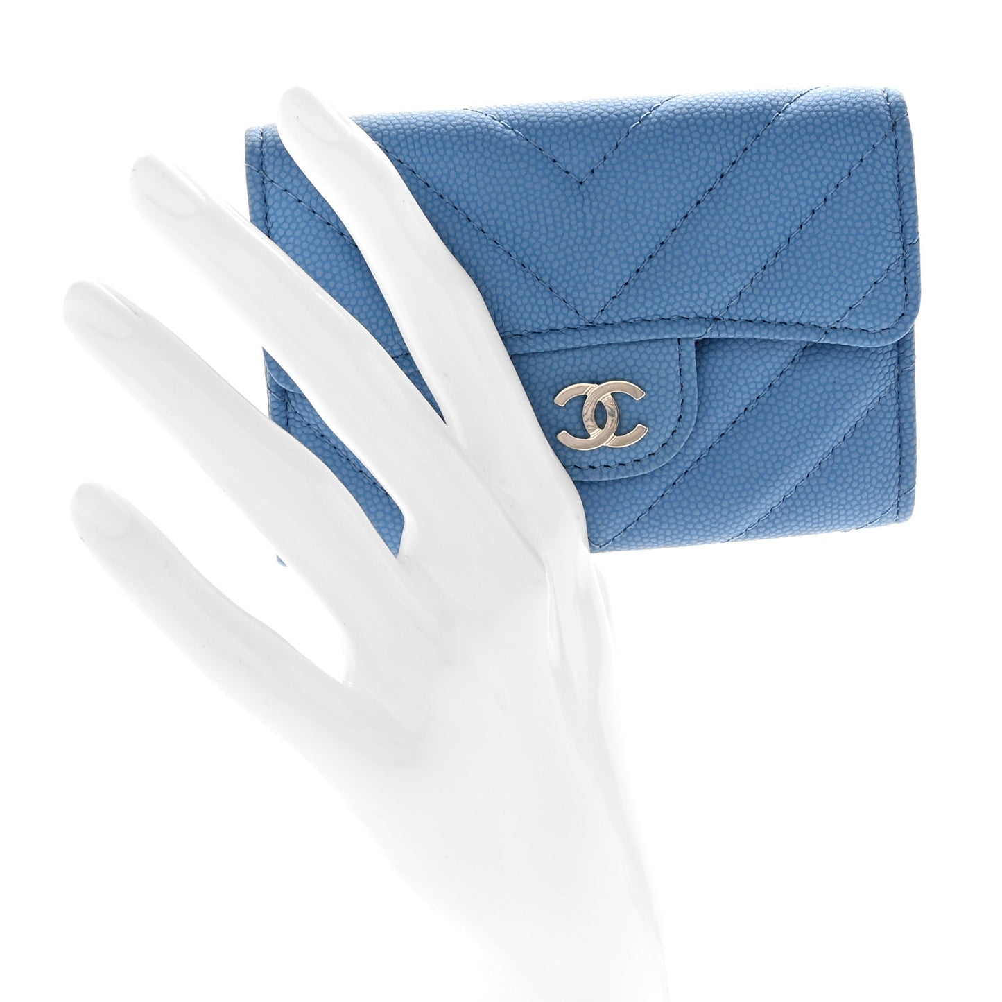 Caviar Flat Chevron Quilted Flap Card Holder Wallet Blue