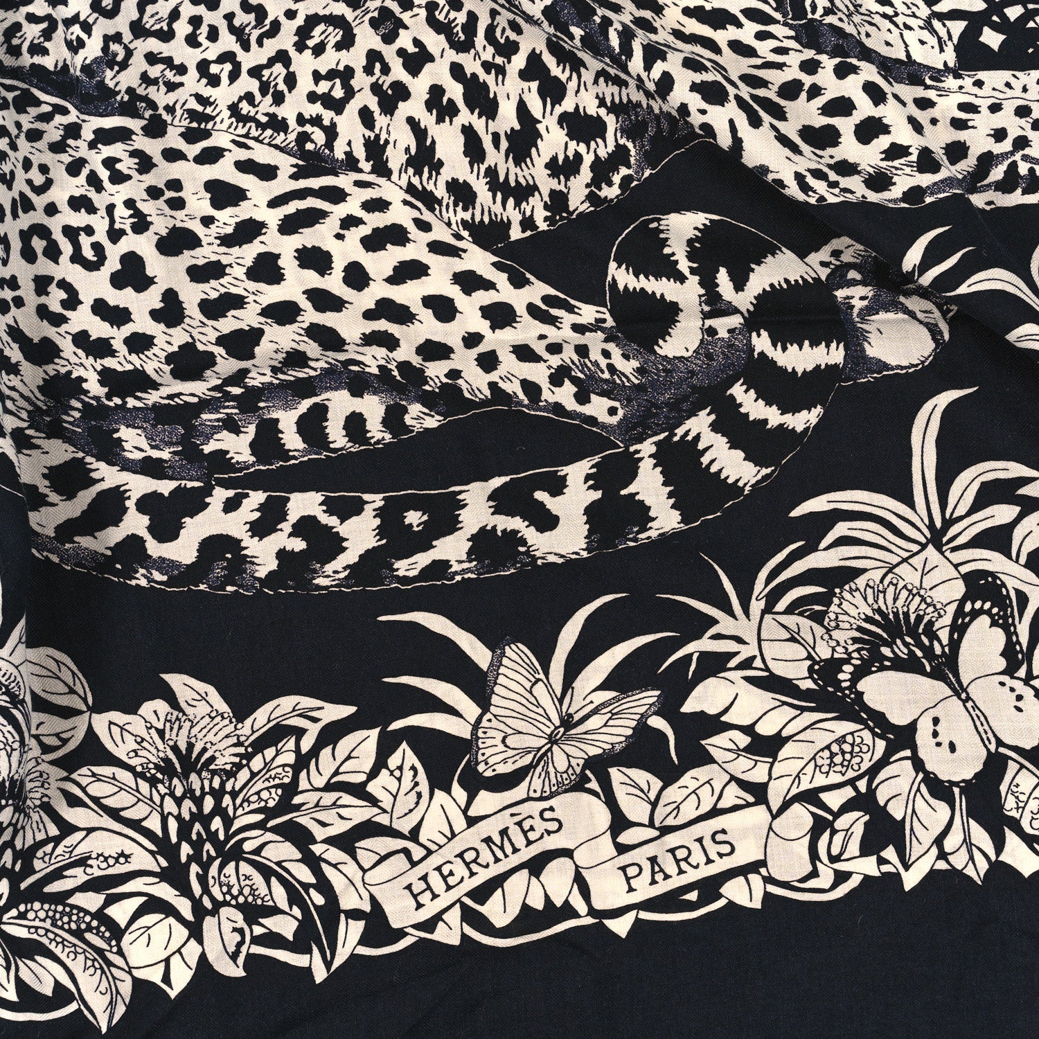 Hermes Cashmere Silk Jungle Love Tattoo Shawl 140 Bleu Black White 2 of 3
