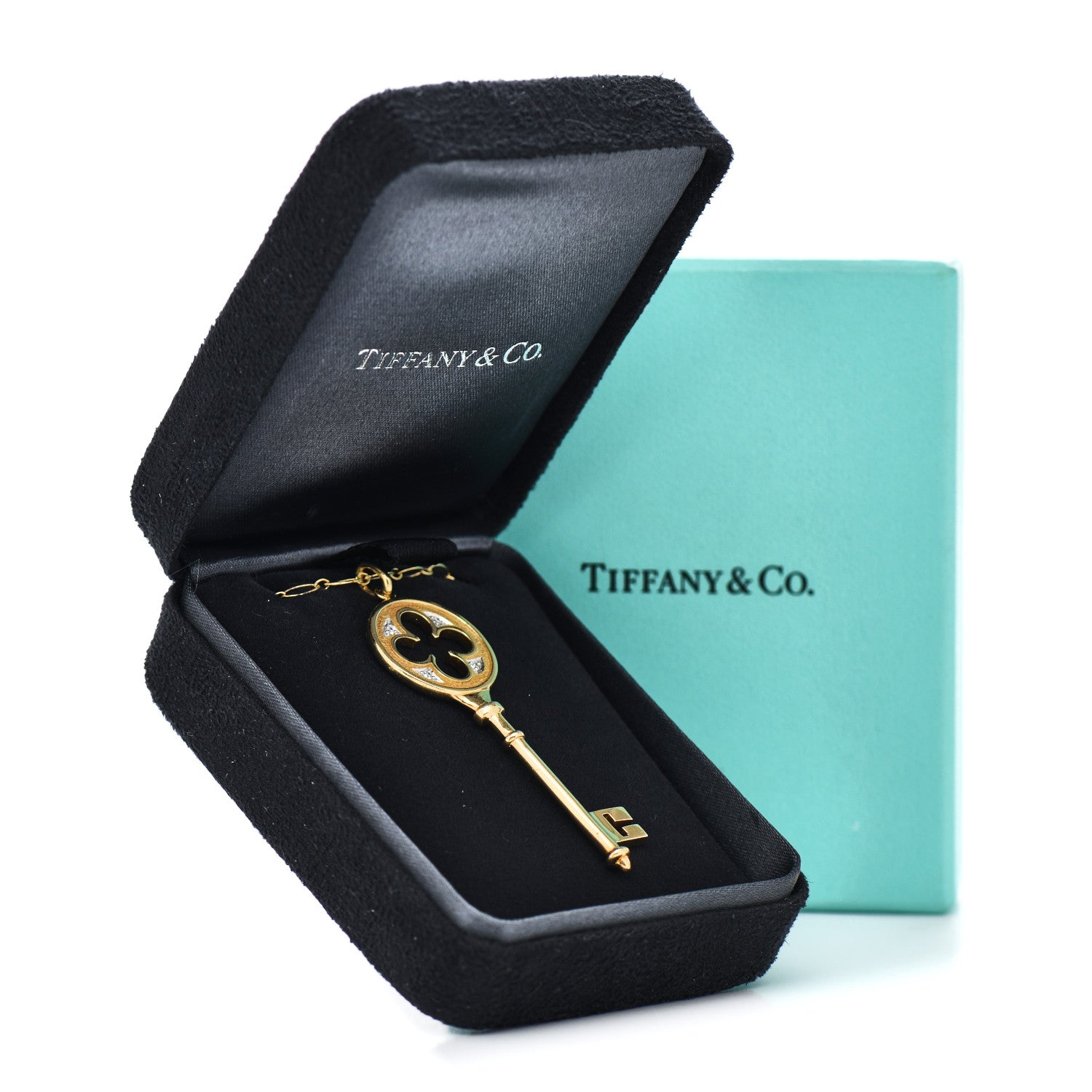 Tiffany 18K Yellow Gold Diamond Quatrefoil Key Pendant Necklace 5 of 5