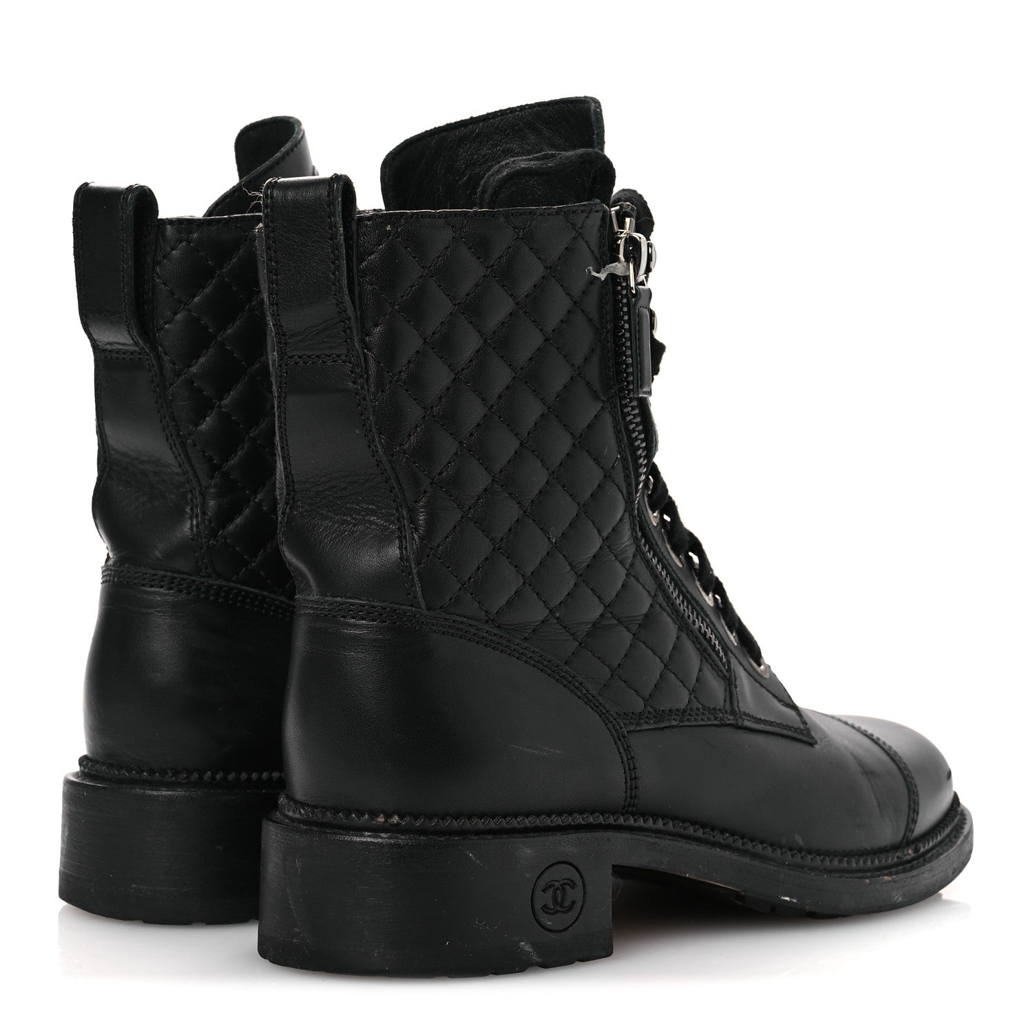 Chanel Calfskin Quilted Lace Up Combat Boots 37.5 Black 5 of 15