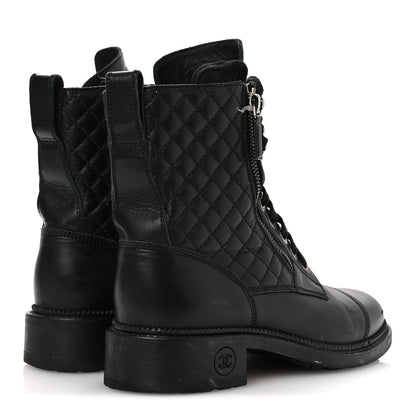 Chanel Calfskin Quilted Lace Up Combat Boots 37.5 Black 5 of 15