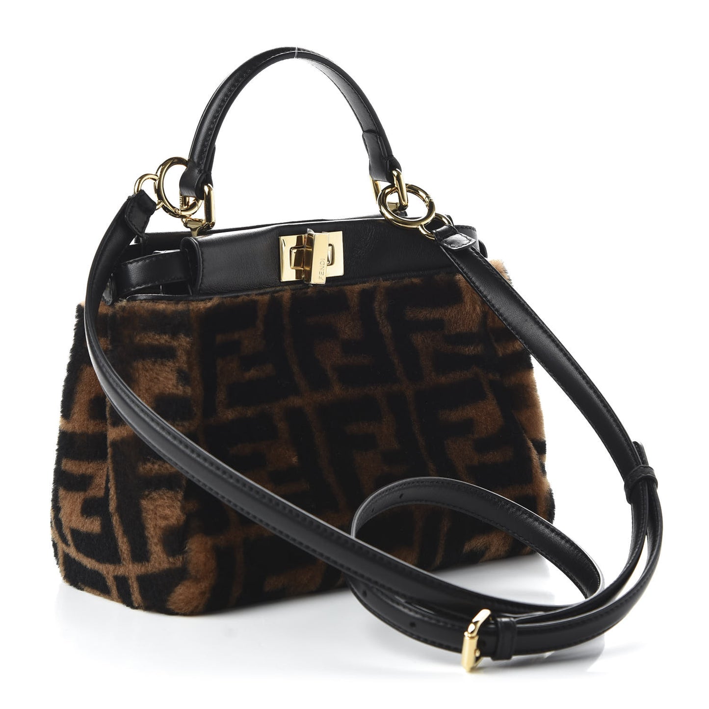 Shearling Nappa Macro FF 1974 Mini Peekaboo Iconic Satchel Tobacco Black