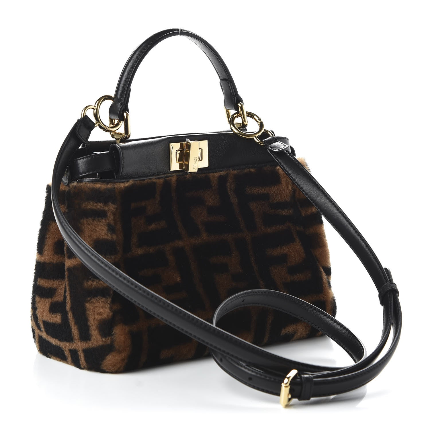 Fendi Shearling Nappa Macro FF 1974 Mini Peekaboo Iconic Satchel Tobacco Black 3 of 9