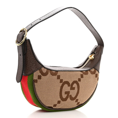 Gucci Monogram Jumbo GG Textured Dollar Calfskin Web Mini Ophidia Half Moon Hobo Camel Ebony New Acero 3 of 9