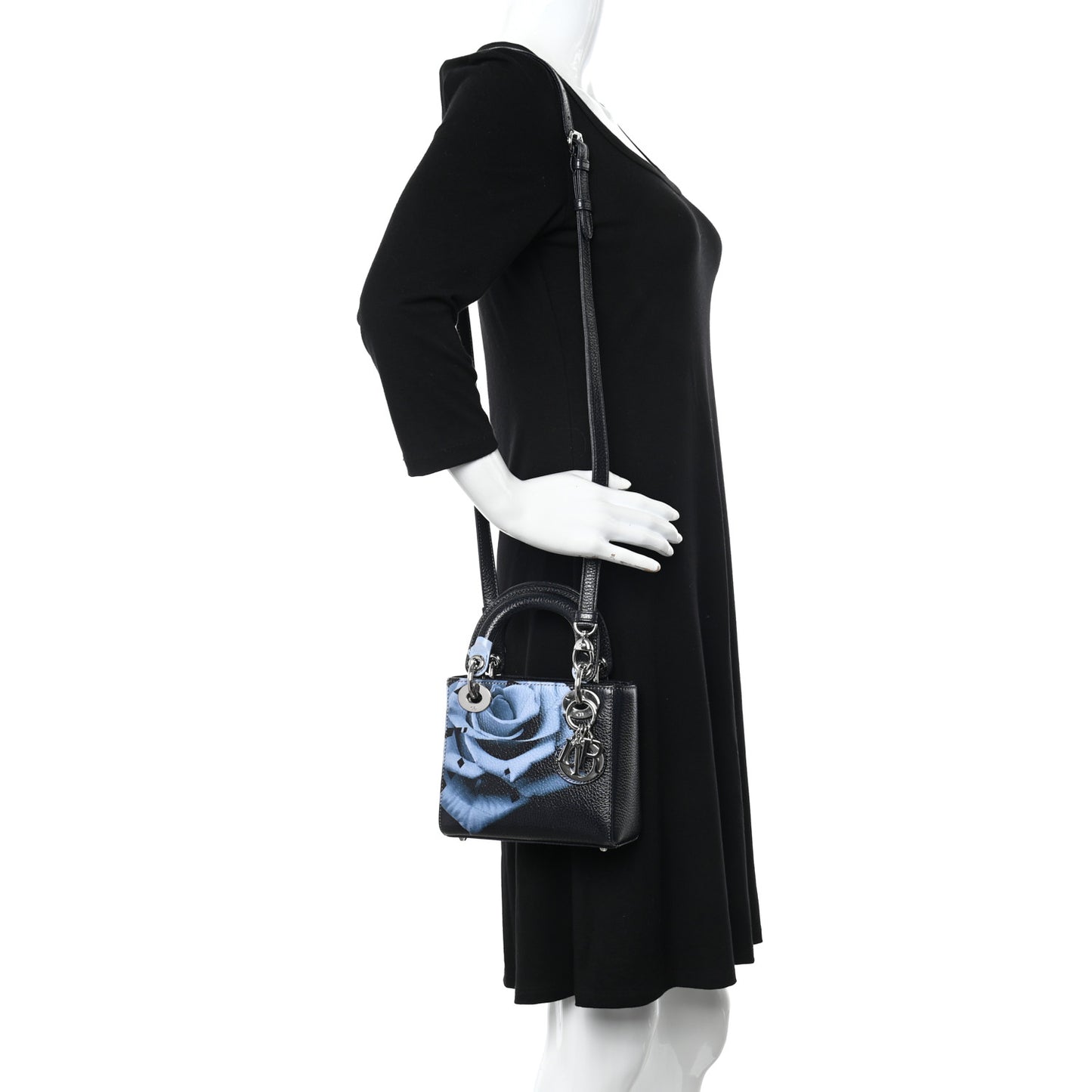 Deerskin Floral Printed Mini Lady Dior Black Blue