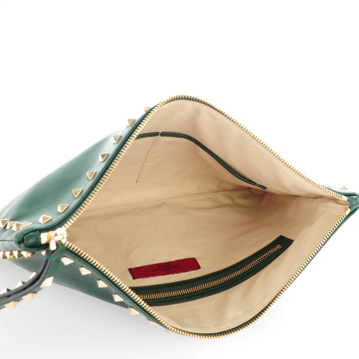 Vitello Large Rockstud Zip Wristlet Pouch Green