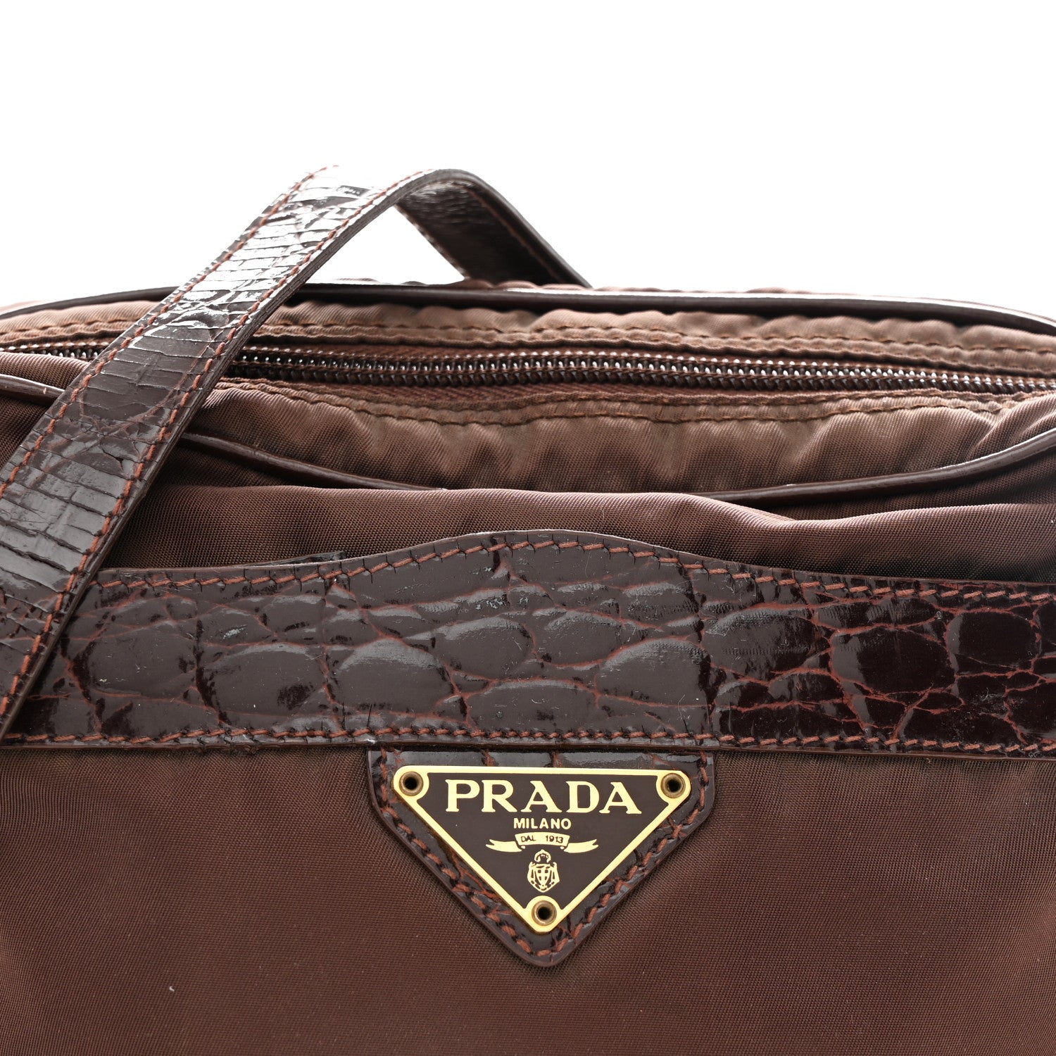 Prada Tessuto Nylon Crocodile Embossed Crossbody Brown 9 of 12