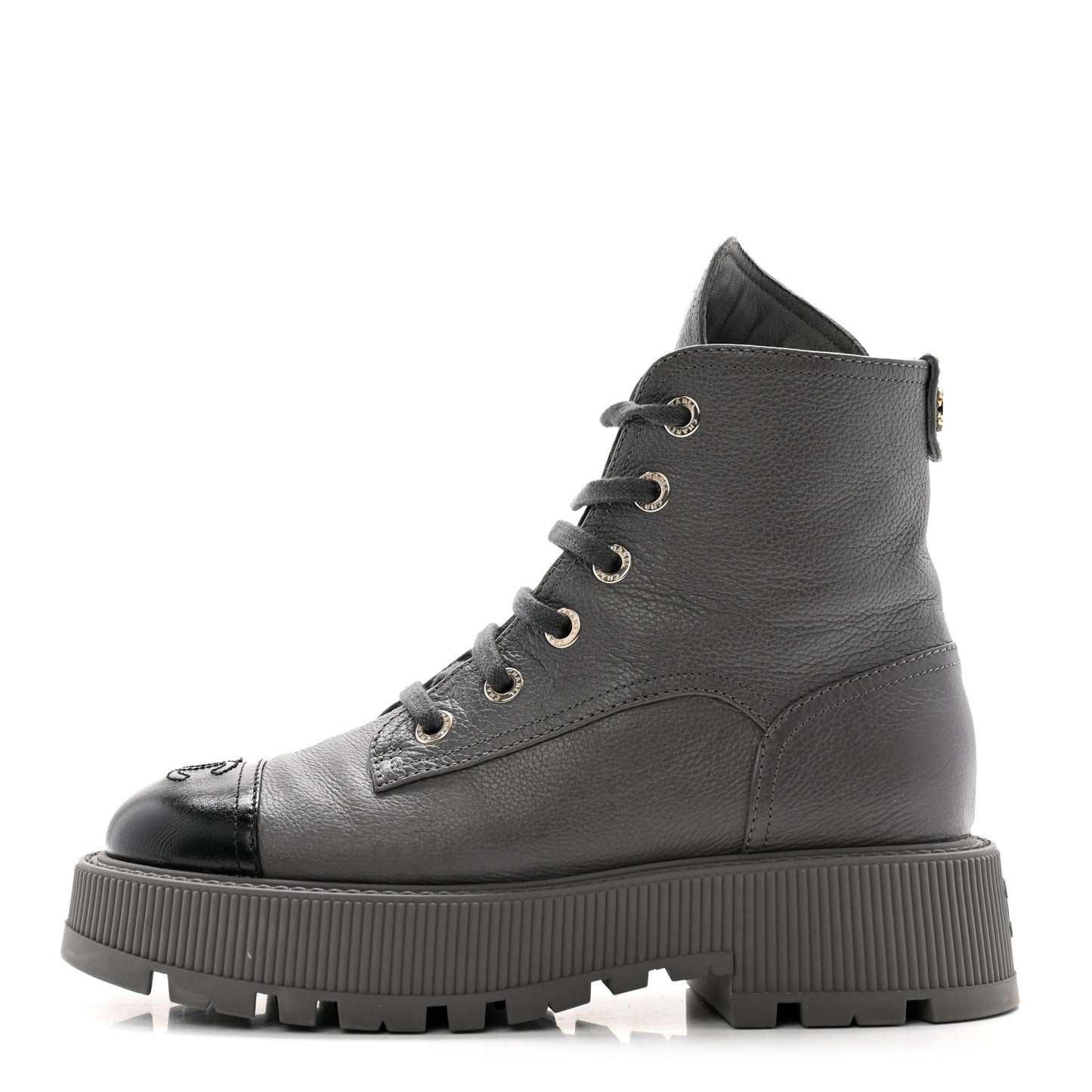 Grained Calfskin Shiny Calfskin CC Lace Up Combat Boots 38.5 Grey