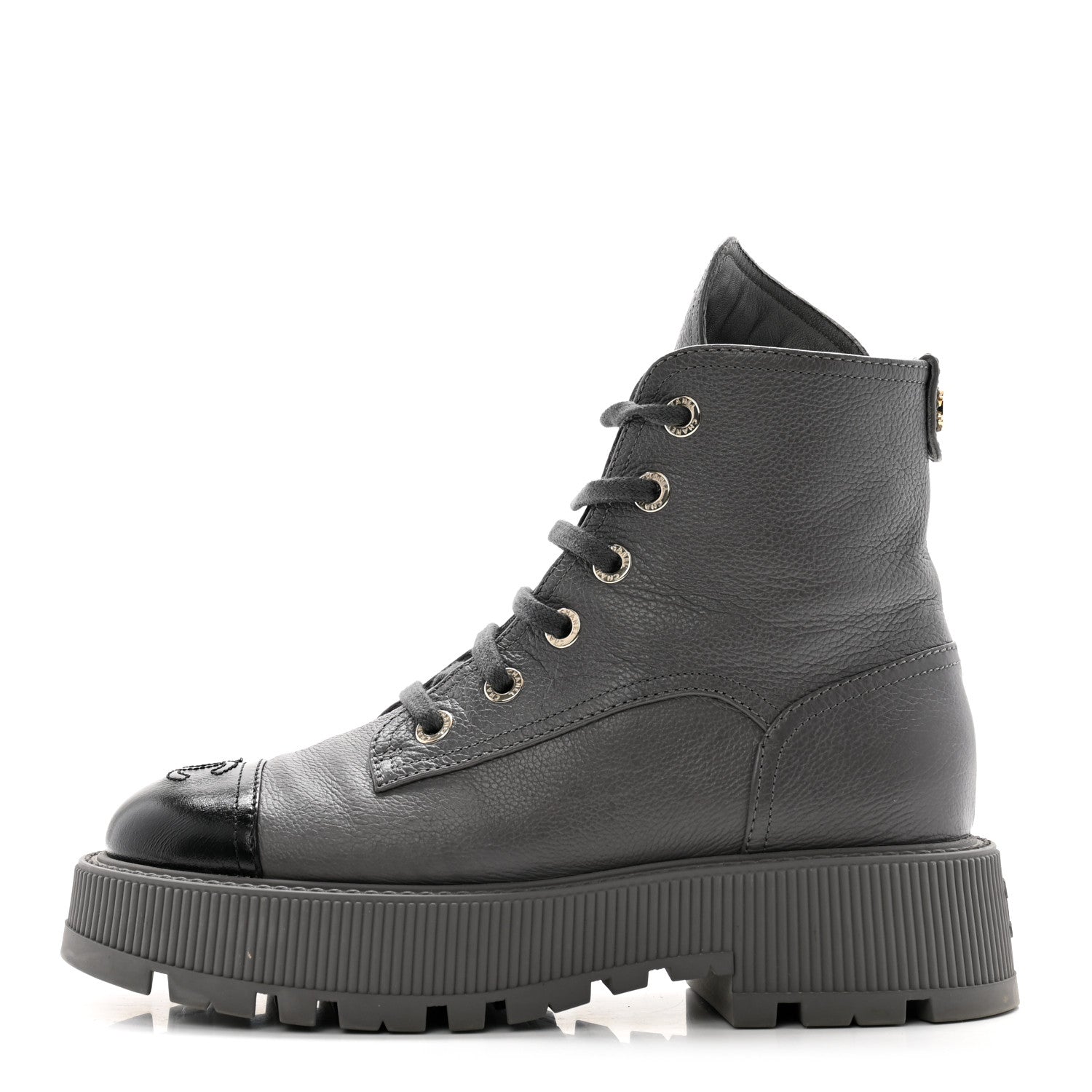 Chanel Grained Calfskin Shiny Calfskin CC Lace Up Combat Boots 38.5 Grey 1 of 11