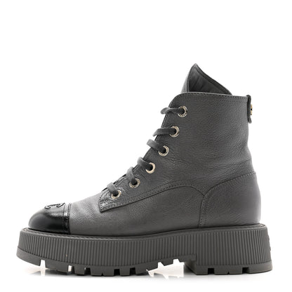 Chanel Grained Calfskin Shiny Calfskin CC Lace Up Combat Boots 38.5 Grey 1 of 11