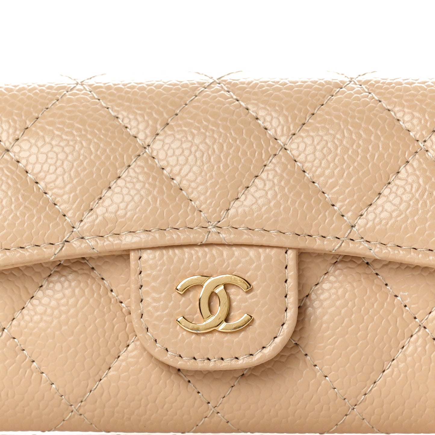 Caviar Quilted Flap Card Holder Wallet Beige