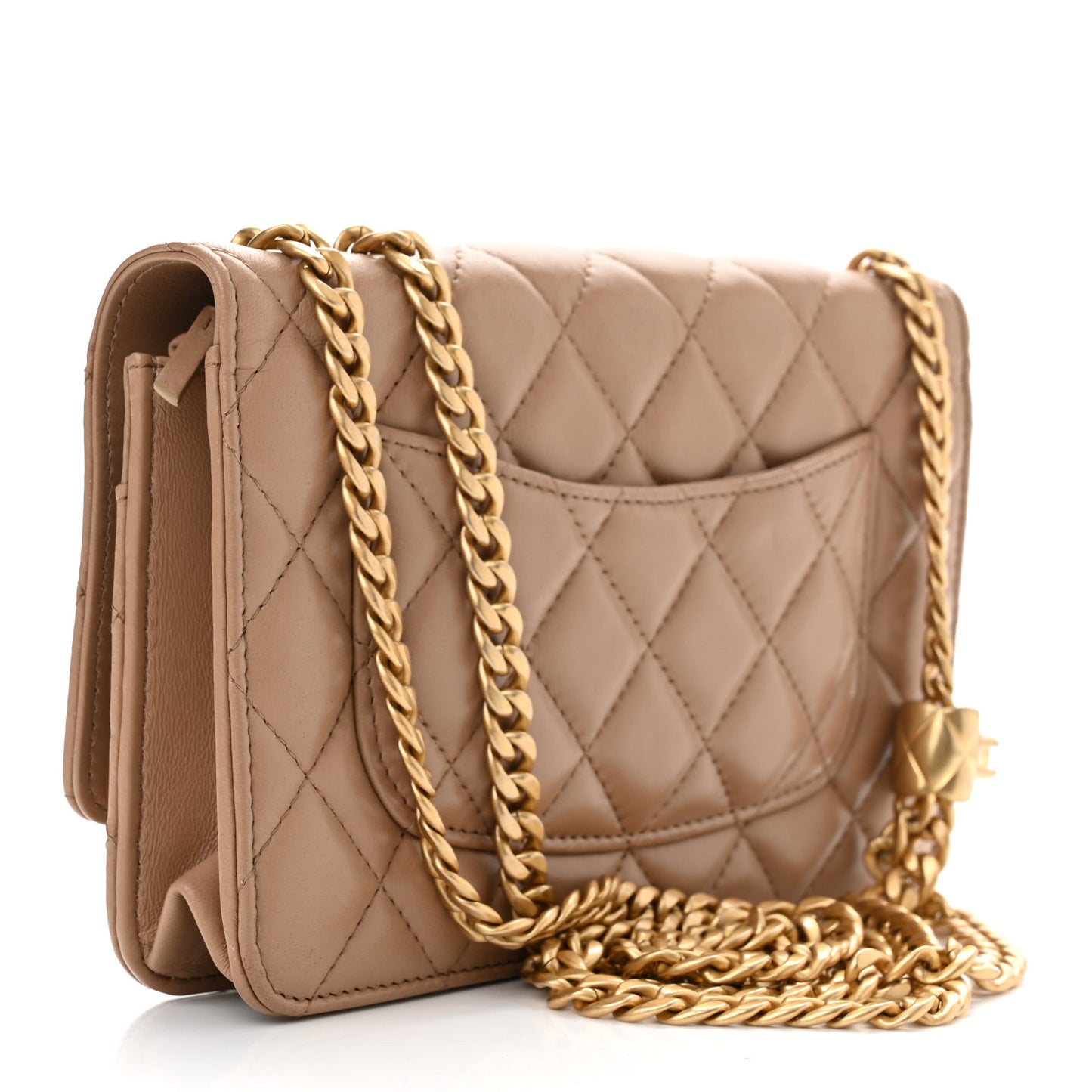 Lambskin Quilted Pillow Crush Wallet On Chain WOC Dark Beige