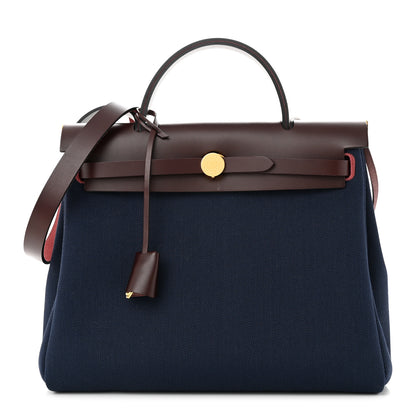 Hermes Toile Militaire Vache Hunter Herbag Zip Retourne 31 PM Rouge Sellier Bleu Marine 3 of 12