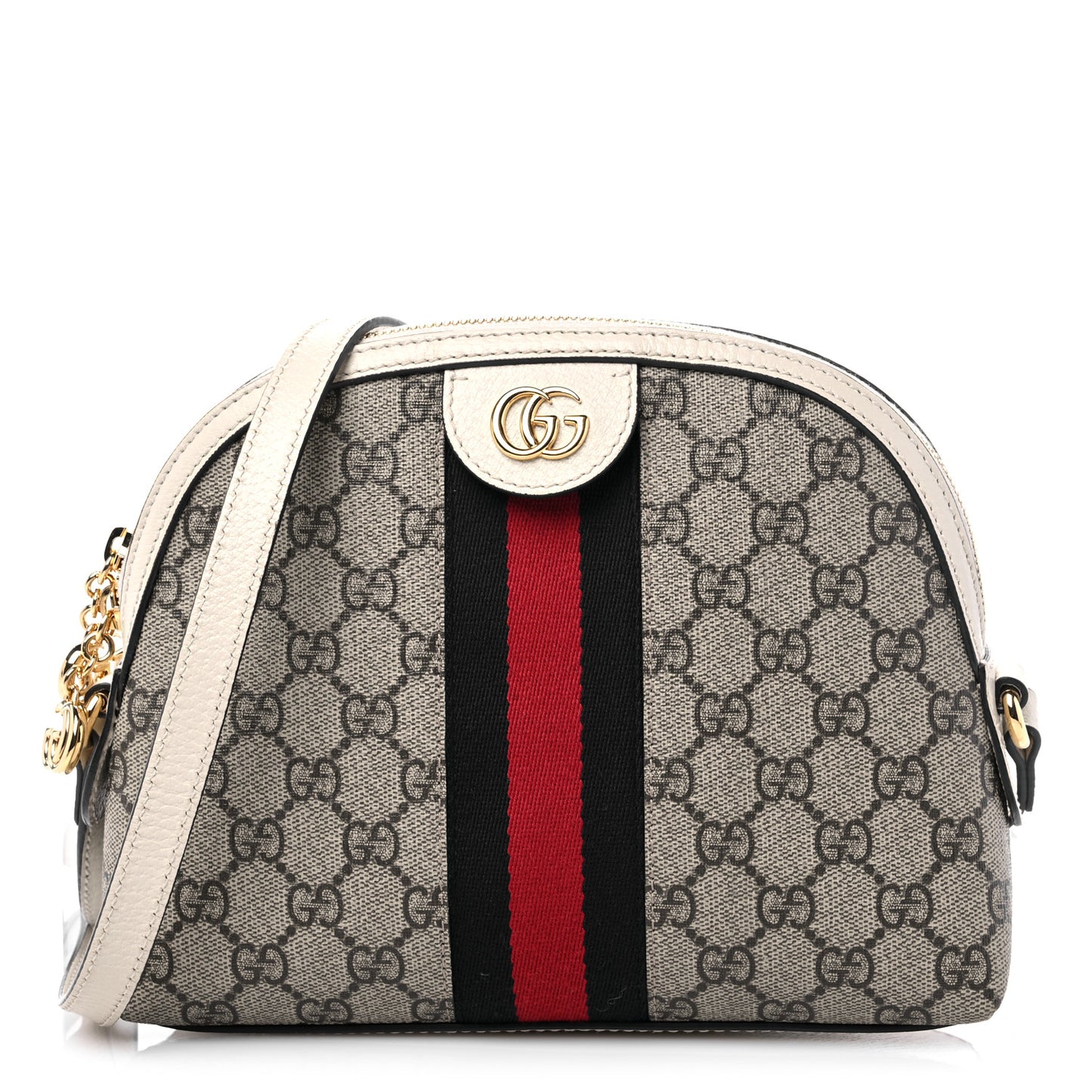 GG Supreme Monogram Textured Dollar Calfskin Web Small Ophidia Dome Shoulder Bag Beige Ebony Mystic White